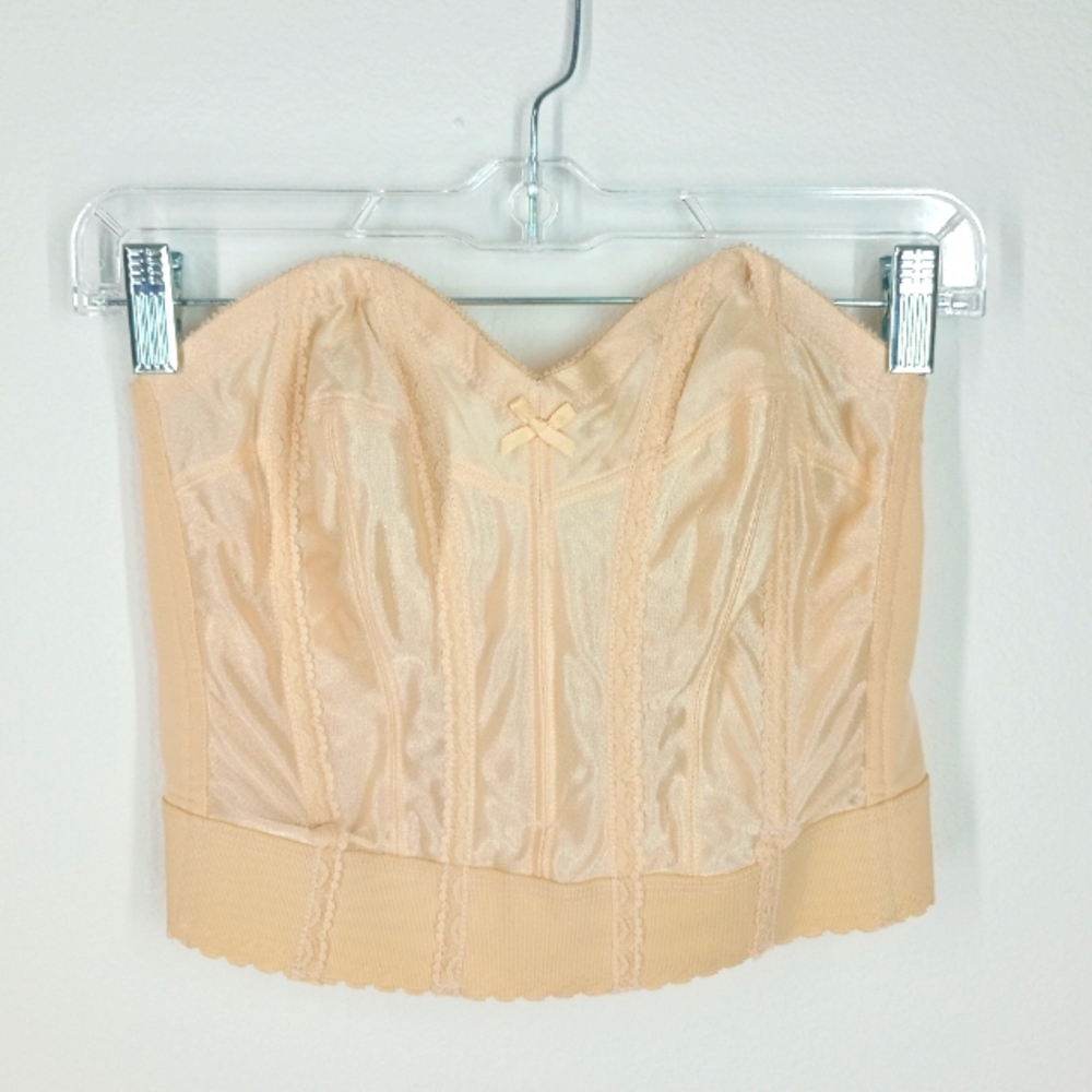 Vintage Valmont bustier bra corset in nude satin, size 38B Union & USA Made